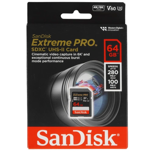 Карта памяти SanDisk Extreme Pro SDSDXEP-064G-GN4IN, 64GB V60 UHS-II SD Card черно-красный