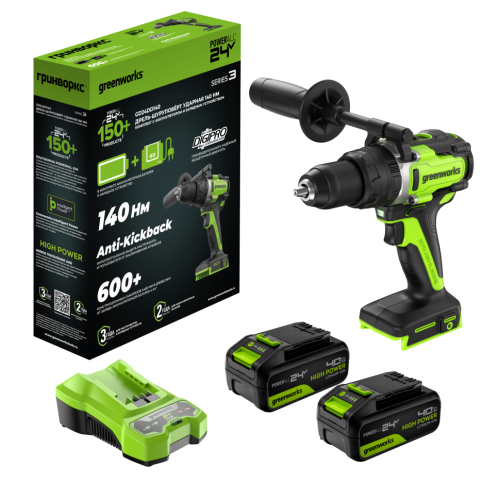 Дрель-шуруповерт Greenworks GD24DD140 (3707607CUD) с АКБ и ЗУ