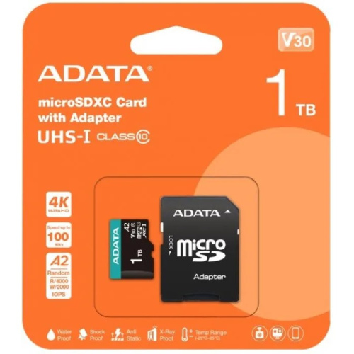 Карта памяти A-DATA AUSDX1TUI3V30SA2-RA1 1TB microSDXC Class 10 UHS-I U3 V30S A2 100/80 MB/s (SD адаптер)
