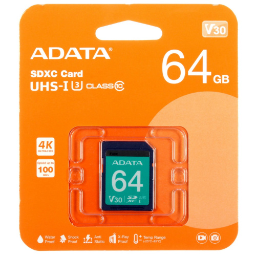 Карта памяти A-DATA ASDX64GUI3V30S-R SD 64GB Premier Pro SDXC Class 10 UHS-I U3 V30S 95/60 MB/s