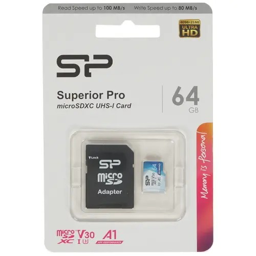 Карта памяти Silicon Power Superior Pro A2 (SP064GBSTXDA2V20) microSDXC 64GB Class 10 UHS-I U3 Colorful 100/80 Mb/s