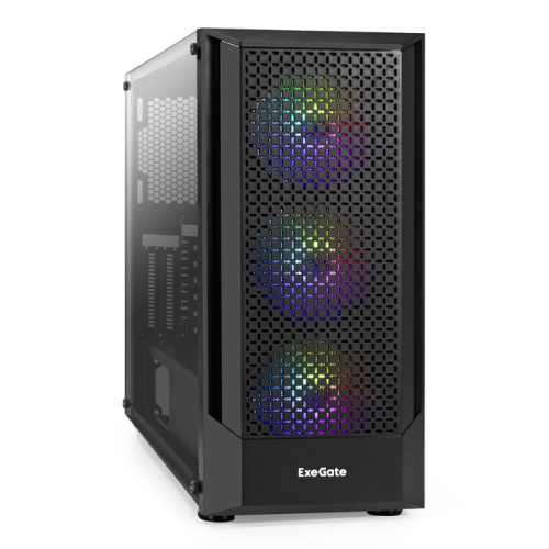 Корпус ExeGate EVO-8227 EX295765RUS Miditower (ATX, без БП, 2*USB+1*USB3.0+HD Audio, черный, 3 вент. с RGB подсветкой, бок. панель - зак. стекло)