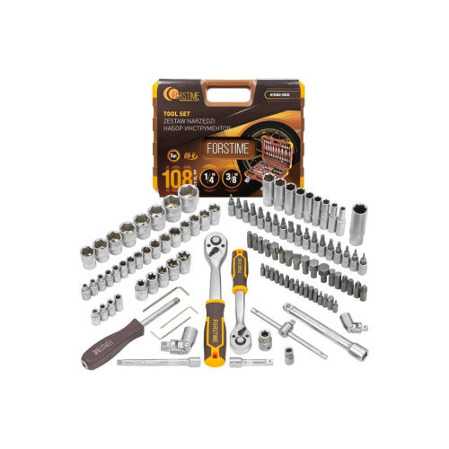 Набор инструментов FORSTIME FT-41082-5DS (57355) в пластиковом кейсе (108 предметов) 1/4", 3/8"