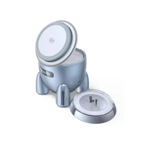 Зарядное устройство UGREEN W713 (65300) UNO 2-in-1 Magnetic 25W Wireless Qi2 Charger серебристо-голубой