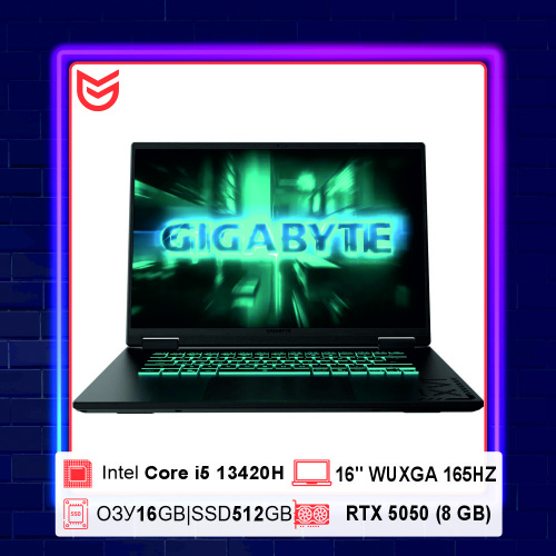 Ноутбук игровой Gigabyte GAMING A16 GA6H 16", 2025, IPS, Intel Core i5 13420H 2.1ГГц, 8-ядерный, 16ГБ DDR5, 512ГБ SSD, NVIDIA GeForce RTX 5050 для ноутбуков - 8 ГБ, FreeDOS, черный [cthh3kz893sd]