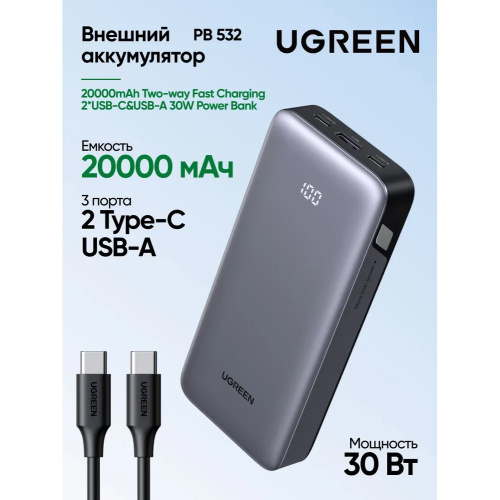 Внешний аккумулятор UGREEN PB532 (55989B) 20000mAh Two-way Fast Charging 2*USB-C&USB-A 30W Power Bank серый космос