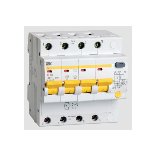 Дифавтомат IEK АД14 (MAD10-4-040-C-030) 40A тип C 4.5kA 30мА AC 4П 400В белый