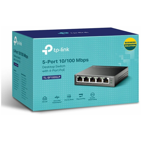 Коммутатор TP-LINK TL-SF1005LP 5-Port 10/100Mbps Unmanaged Switch with 4-Port PoE, meta case, desktop mount, PoE budget 41W