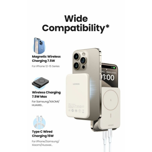 Внешний аккумулятор UGREEN PB560 (25207) 5000mAh Magnetic Wireless Power Bank White