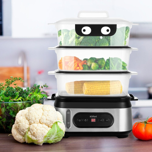 Пароварка Kitfort КТ-4082 3 ярус. серебристый