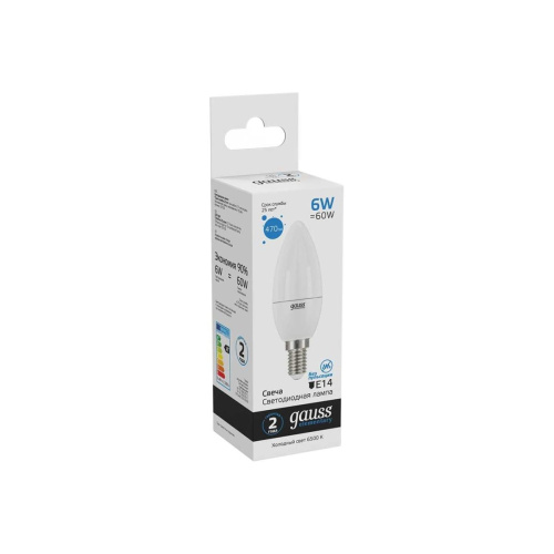 Лампа светодиодная Gauss Elementary 33136 6Вт E14 C37 свеча 220B 6500K св.свечения белый холодный уп/10шт
