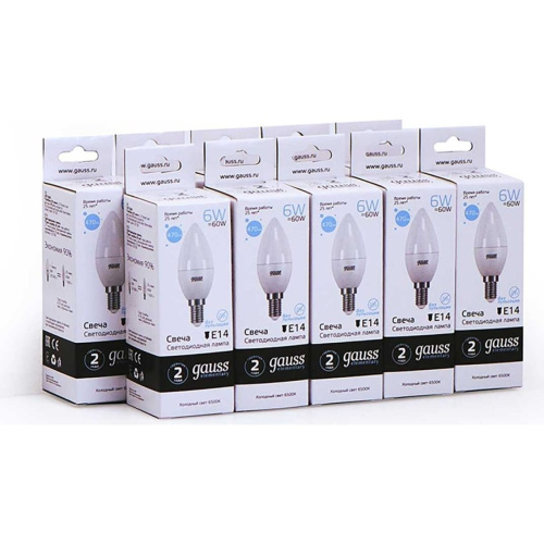Лампа светодиодная Gauss Elementary 33136 6Вт E14 C37 свеча 220B 6500K св.свечения белый холодный уп/10шт