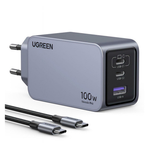 СЗУ UGREEN X757 (25874) Nexode Pro 100W USB-A+2*USB-C GaN Tech Fast Charger EU + 1M 100W cable Grey