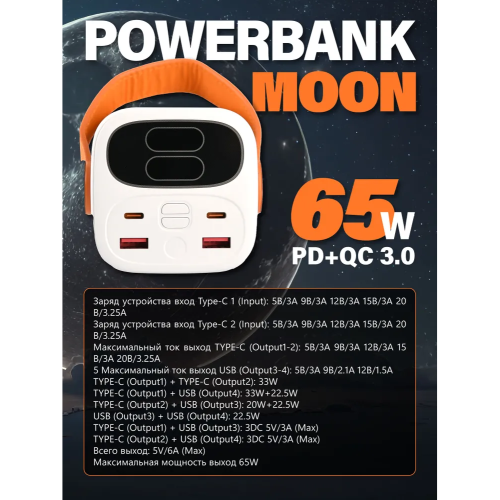 Powerbank Perfeo PF_E1635 Moon 65W 40000 mAh/LED дисплей/PD+QC 3.0/2Type-C/2 USB/,max 65W/White