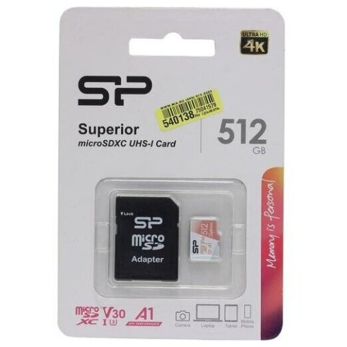 Карта памяти Silicon Power Superior (SP512GBSTXDV3V20SP) 512GB A1 microSDXC Class 10 UHS-I U3 100/80 Mb/s (SD адаптер)