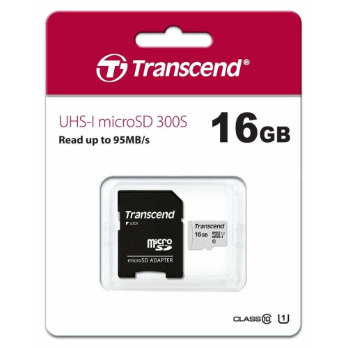 Карта памяти Transcend microSDHC 300S 16GB Class 10 UHS-I U1 +SD adapter (TS16GUSD300S-A)