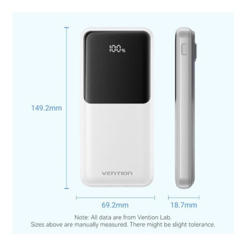 Power Bank Vention FHOW0 10000mAh (Micro-USB/C/A/A) со встроенными кабелями 22.5W Белый с LED Дисплеем