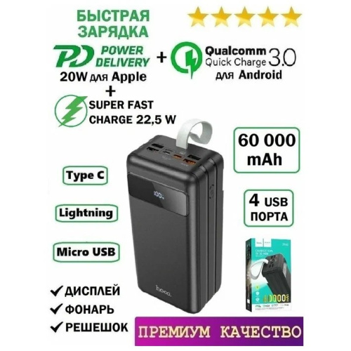 Аккумулятор внешний HOCO J86B Electric 22.5W fully compatible 60000mAh (чёрный)
