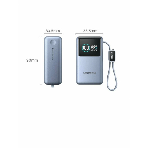 Внешний аккумулятор UGREEN PB727 (75701B) Fast Charging 10000mAh USB-C USB-A 55W о встроенным кабелем USB-C серый космос
