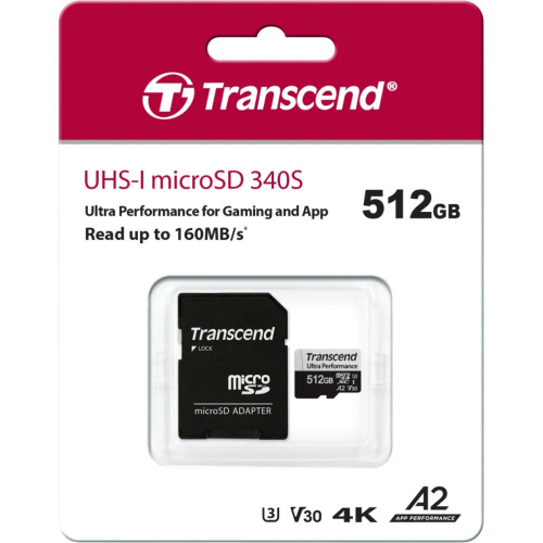 Карта памяти Transcend 340S SDmicro, 512 Гб, (TS512GUSD340S) UHS-I Class U3 V30 A2, с адаптером