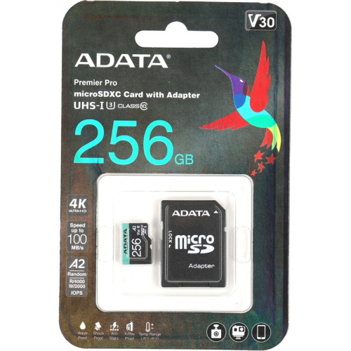 Карта памяти A-DATA UD256GUI3V30A2SP-RA1 256GB microSDXC Class 10 UHS-I U3 V30 A2 180/160 MB/s (SD адаптер)